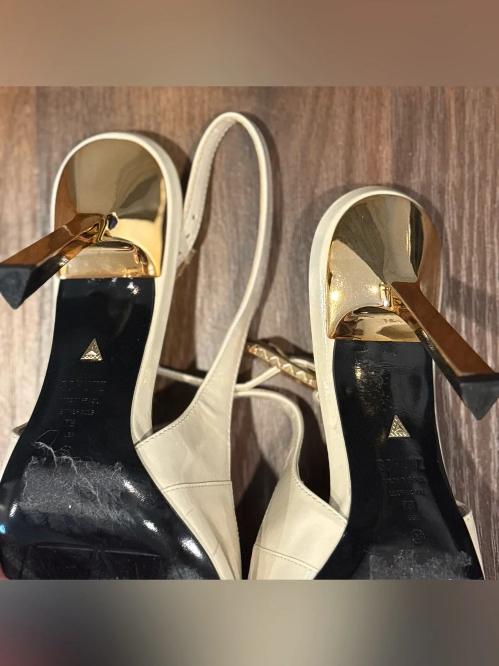 SCHUTZ Cream Pointed Slingback Heels with Gold Buckle & Gold Heel